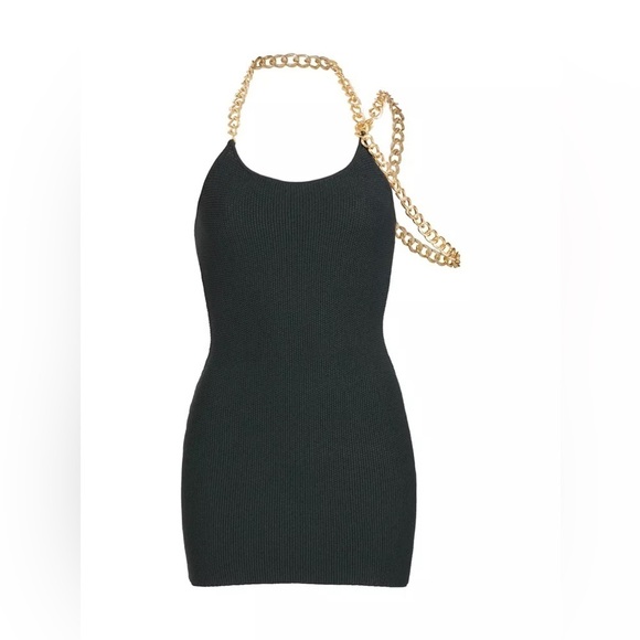 THE SEI / KNIT CHAIN embellished mini Bodycon DRESS in navy blue beetle large L - Picture 2 of 8